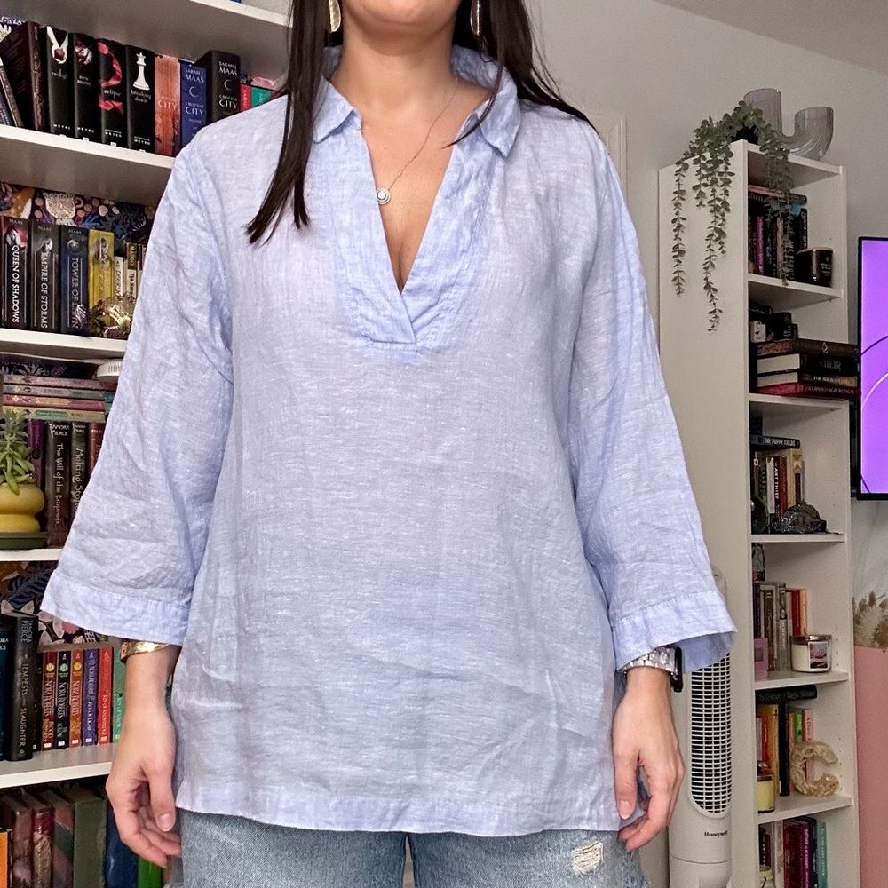 Tahari Women's 100% Linen V-Neck Light Blue Tunic Top, Size XL